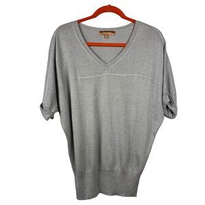 Ellen Tracy Silver Metallic Knit Top Large Short Sleeves V Neck Holiday